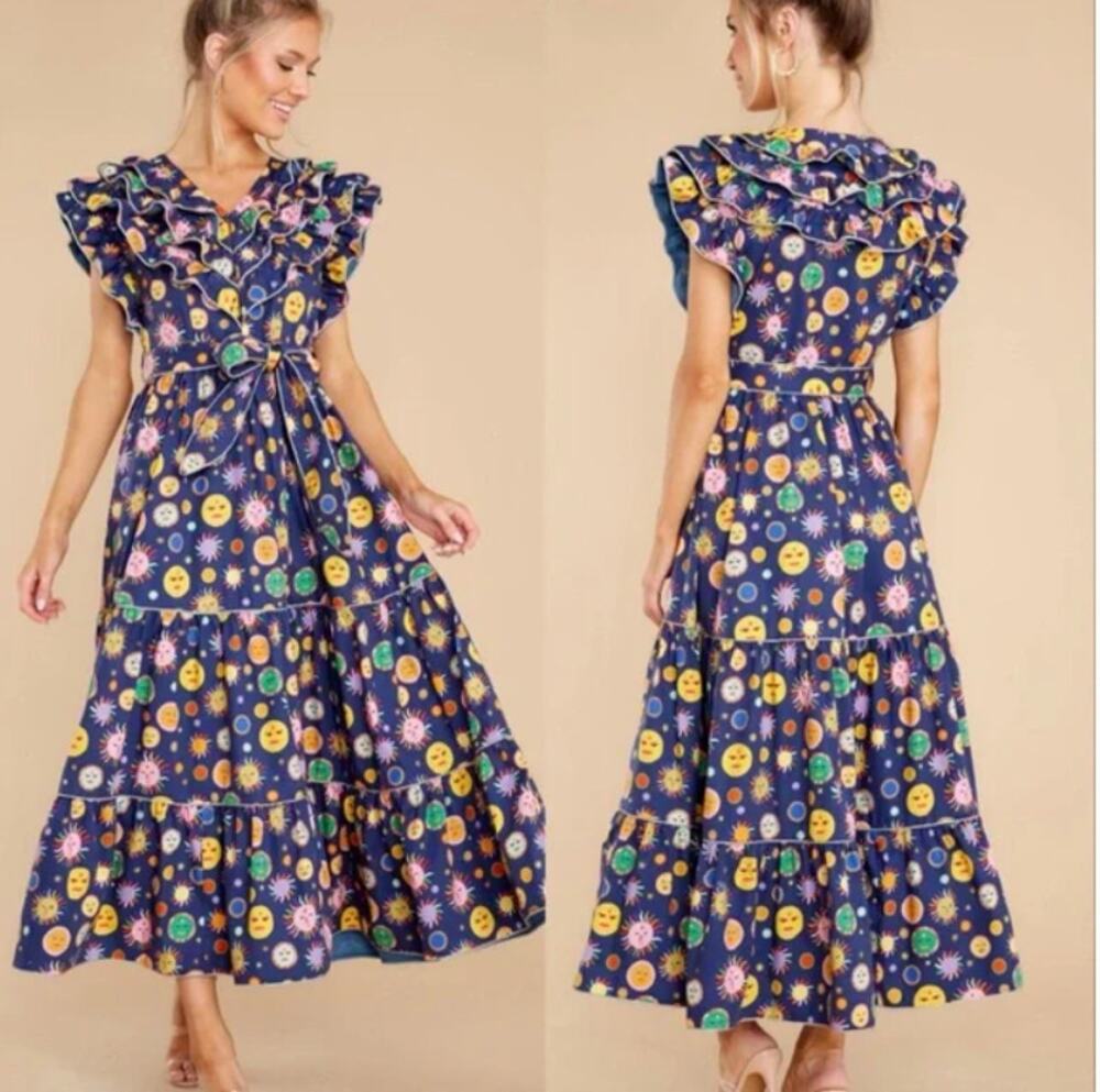 Celia B Atlas Dress Midi Navy Multi Womens New Size Medium Summer Belted